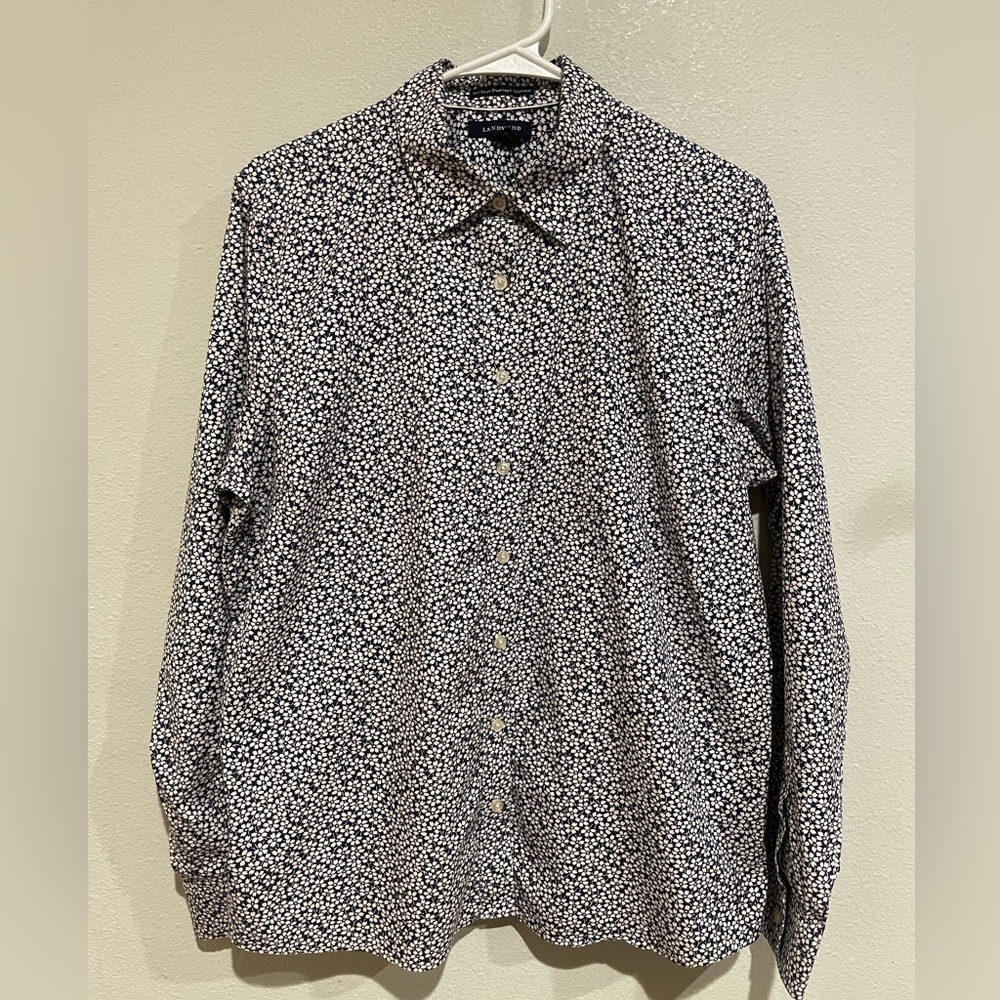 Lands' End Navy and White Floral Shirt